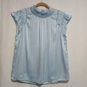 Calvin Klein XL Blue Ruffled Cap Sleeve Striped Mock‎ Neck Top Blouse